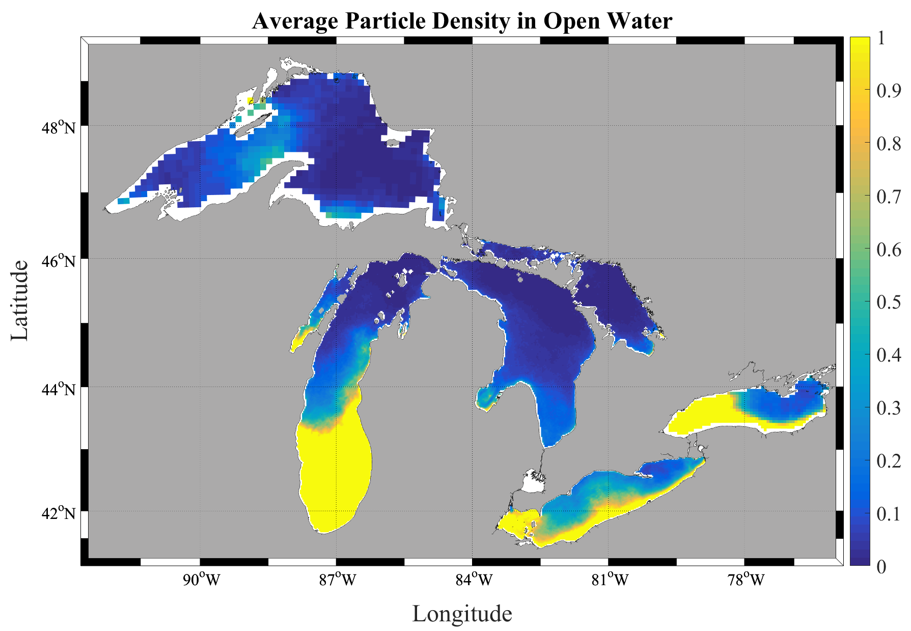 Simulated average density of floating plastic particles across the Laurentian Great Lakes, with the highest accumulation in southern Lake Michigan and Lake Erie